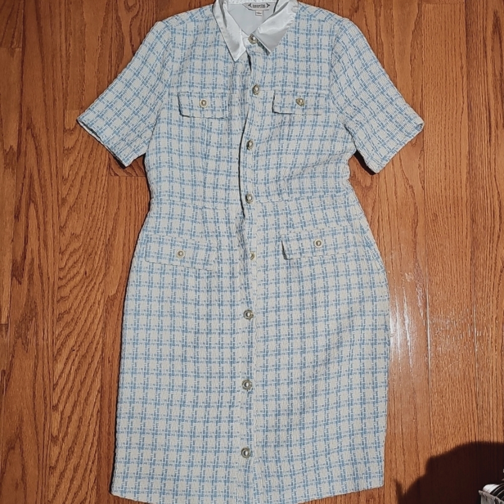 Classy Blue and White Plaid Nanette Leopore Satin Collar Dress